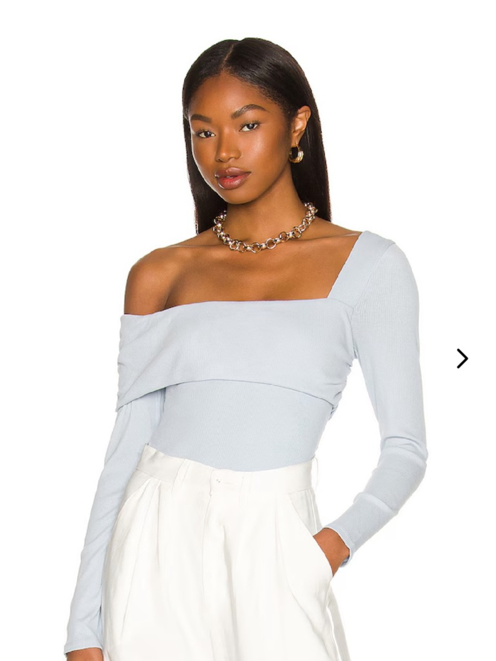 Lovers & Friends One-Shoulder Long Sleeve Top in Light Blue “Florence Bodysuit”